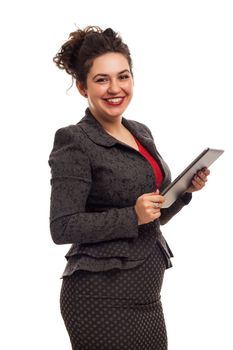 Confident business woman portrait with tablet isolated over a white background