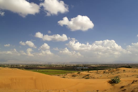 Desert landscape with blue sky, white clouds and golden sands
