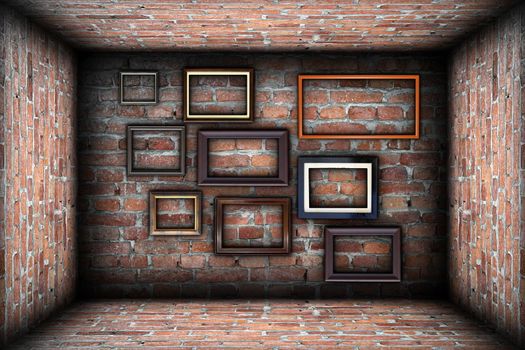 collection of empty wooden frames in abstract empty room backdrop, for your design or advertising