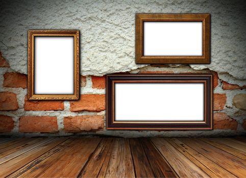 brick cracked wall with wooden frames for your design or message