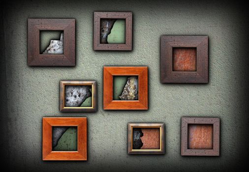 art frames with grungy rusty textures displayed inside