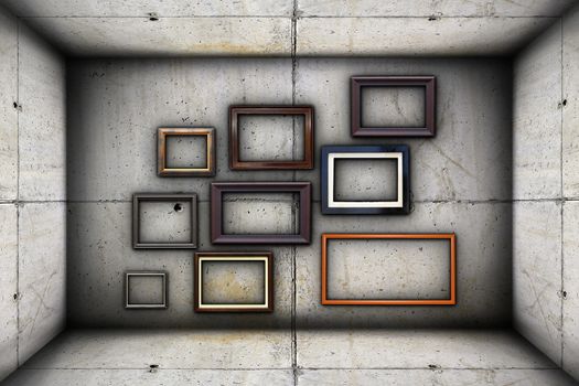 futuristic backdrop with frames on concrete industrial interior backdrop