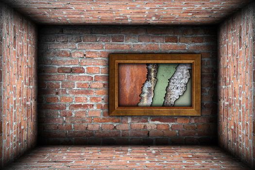 painting frame with weathered textures on grungy brick wall