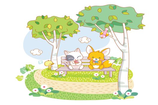 cute animals cartoon squirrel and cat in the park