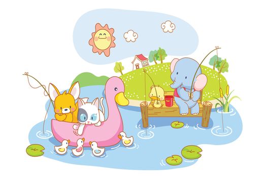 funny animals cartoon fishing in the river