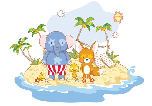cartoon animals elephant,squirrel and chicks playing on the beach