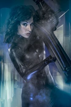 Conflict, armed woman in a garage, future concept, black latex with neon lights
