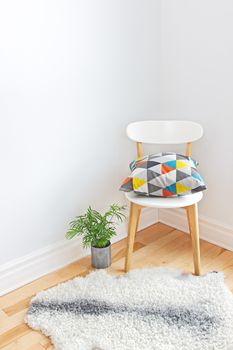 Home decor. Chair with bright cushion, plant and sheepskin rug on the floor.