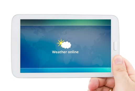 Hand holding tablet with mobile weather forecast app