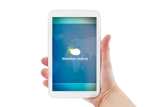 Hand holding tablet with mobile weather forecast app