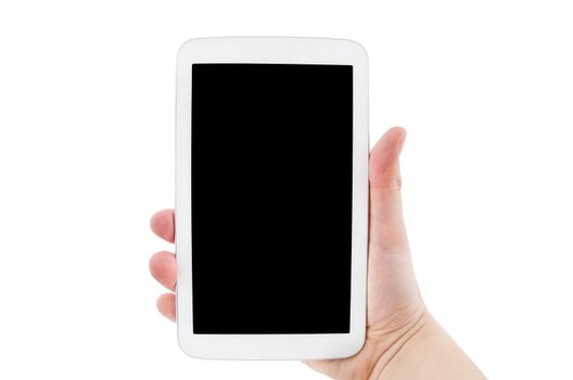 Hand holding tablet pc with empty black display. Horizontal composition