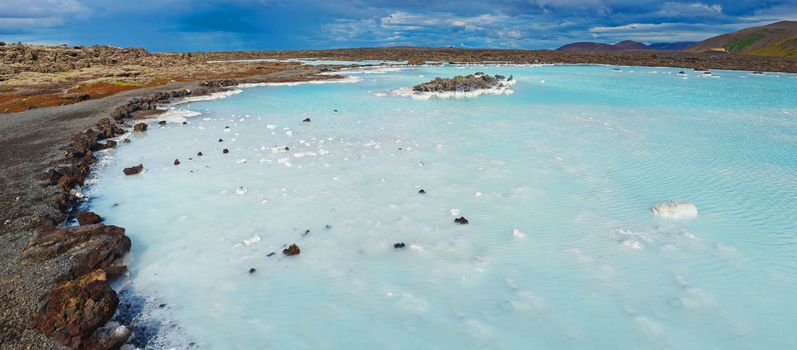 The famous blue lagoon geothermal bath near Reykjavik, Iceland. Panorama