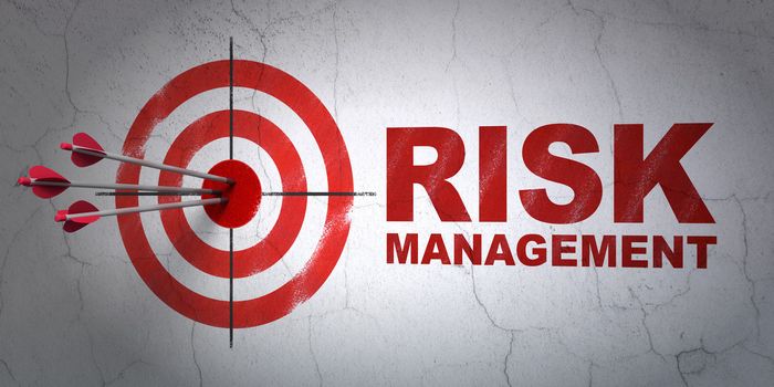 Success business concept: arrows hitting the center of target, Red Risk Management on wall background, 3d render