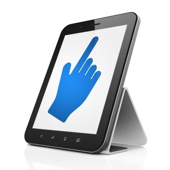 Social network concept: black tablet pc computer with Mouse Cursor icon on display. Modern portable touch pad on White background, 3d render