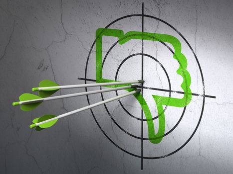 Success social media concept: arrows hitting the center of Green Thumb Down target on wall background, 3d render