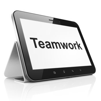 Business concept: black tablet pc computer with text Teamwork on display. Modern portable touch pad on White background, 3d render