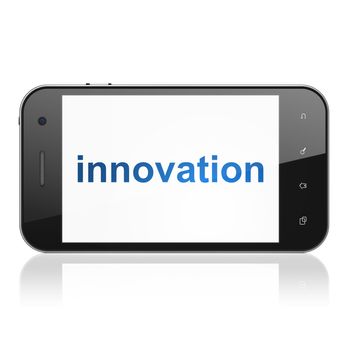 Finance concept: smartphone with text Innovation on display. Mobile smart phone on White background, cell phone 3d render