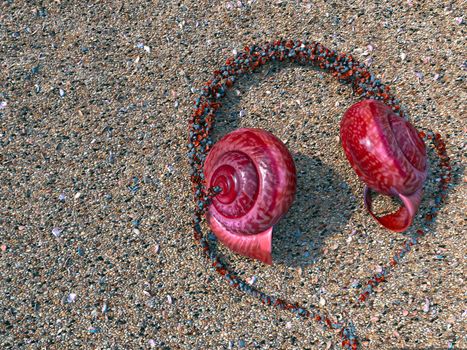 headphones from seashells on the sand as vacation tourism relaxing concept
background