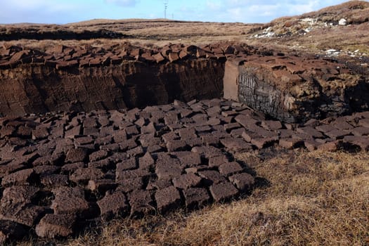 A section of moorland with a bank of peat cutting and the drying squares layed out.