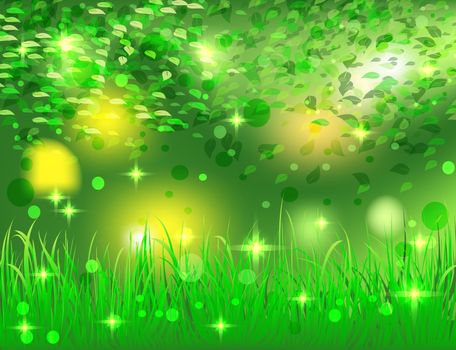 beautiful bright abstract background forest with green leaves and grass