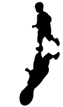 running boy and shadow, at sunset, real shadow illustration