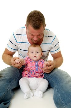 Happy and smiling baby and father. The baby 3 month old. Isolated on a white background.