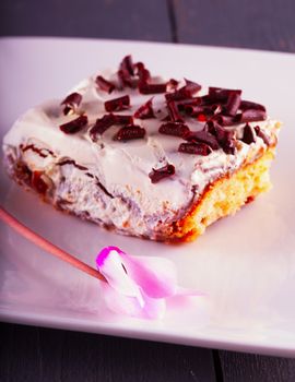 Cake slice with cyclamen over white plate