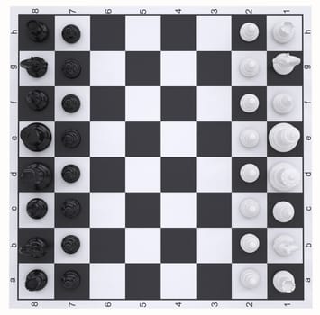 Chess on the chessboard. Top view. Isolated render on a white background