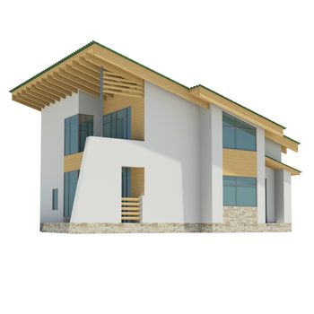 Wooden house with a green roof. Isolated render on a white background