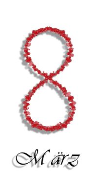 Women's day on March 8th. International date made of hearts isolated on a white background.