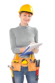 female worker writing in clipboard isolated