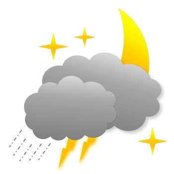 Two dark grey clouds with rain, lightnings, moon behind and stars as weather icon in white background