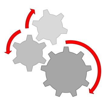 Three grey gears and red arrows to show wrong movement in white background