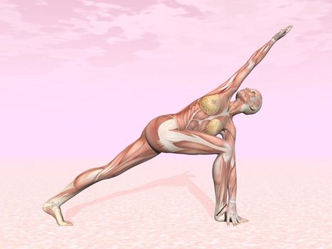 Revolved side angle yoga pose for woman with muscle visible in pink background