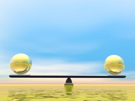 Two golden balls in balance into blue background