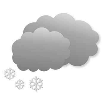 Two dark grey clouds with snow, as weather icon in white background