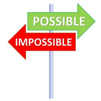 Signpost showing two different directions between possible and impossible in white background