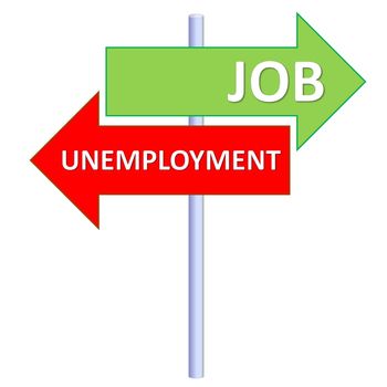 Signpost showing two different directions between job and unemployment in white background