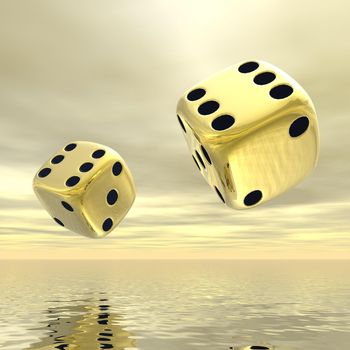 Two golden dices showing number six in yellow background