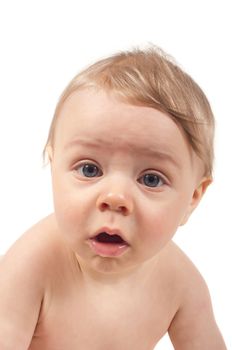 Serious baby watching in camera, isolated on white