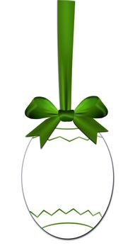 Decorative egg with green bow as a easter price tag on a white background isolated