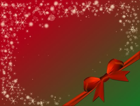 Christmas red background with red bow in green corner background