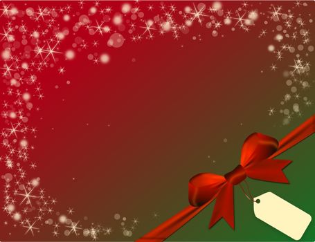 Christmas red background with red bow in green corner with price tag