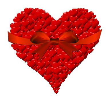 Heart made of hearts for a Valentine's Day or Mother's Day on a white background with red bow