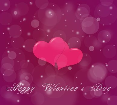 Couple of hearts on the violet red background for a Valentine's Day with snow
