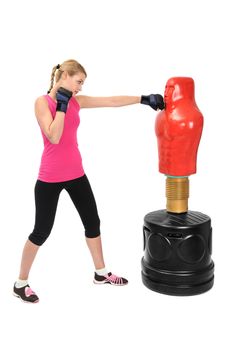Young Boxing Lady with Body Opponent Bag, Adjustable Practice Mannequin