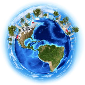 Earth planet image with buildings on surface. Elements of this image are furnished by NASA