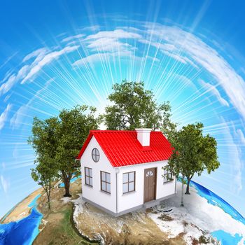 Earth planet image with house on surface. Elements of this image are furnished by NASA