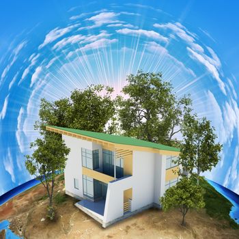 Earth planet image with house on surface. Elements of this image are furnished by NASA