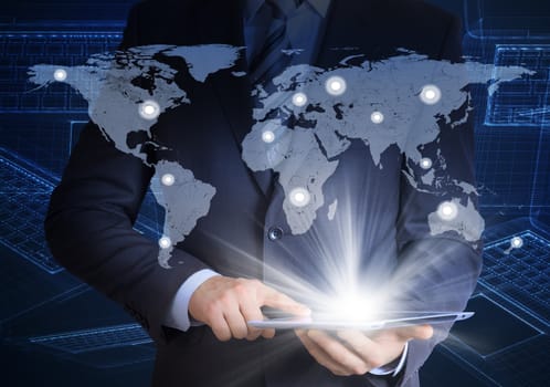 Man in suit, world map and contacts. The concept of global contacts